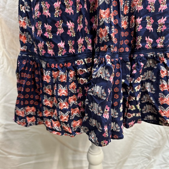 Anthropologie Blue Floral Patchwork Ruffled Hem Split Neck Midi Dress Size XXS - Picture 9 of 12
